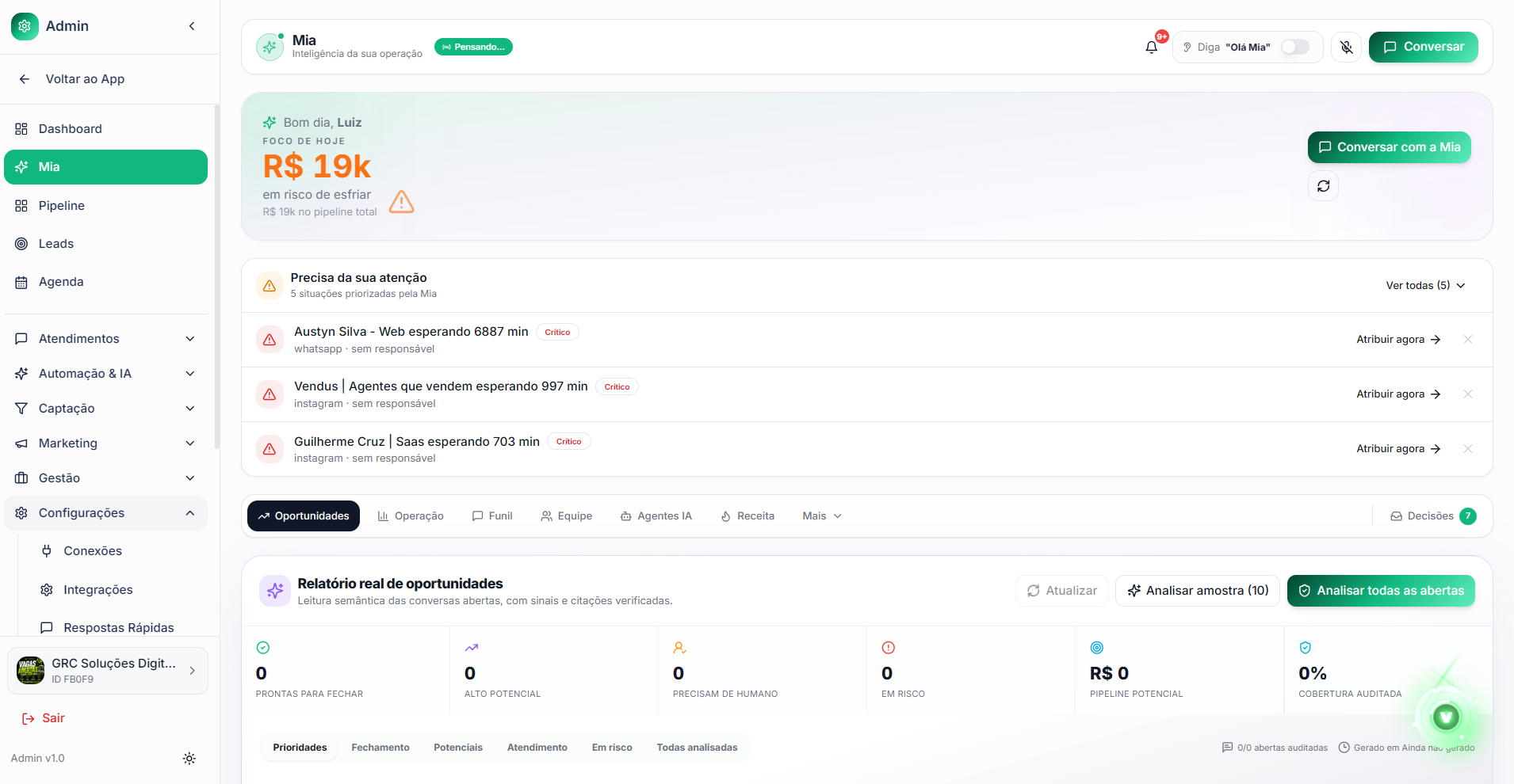 MIA do WSA CRM com foco do dia, situações que precisam de atenção e relatório de oportunidades