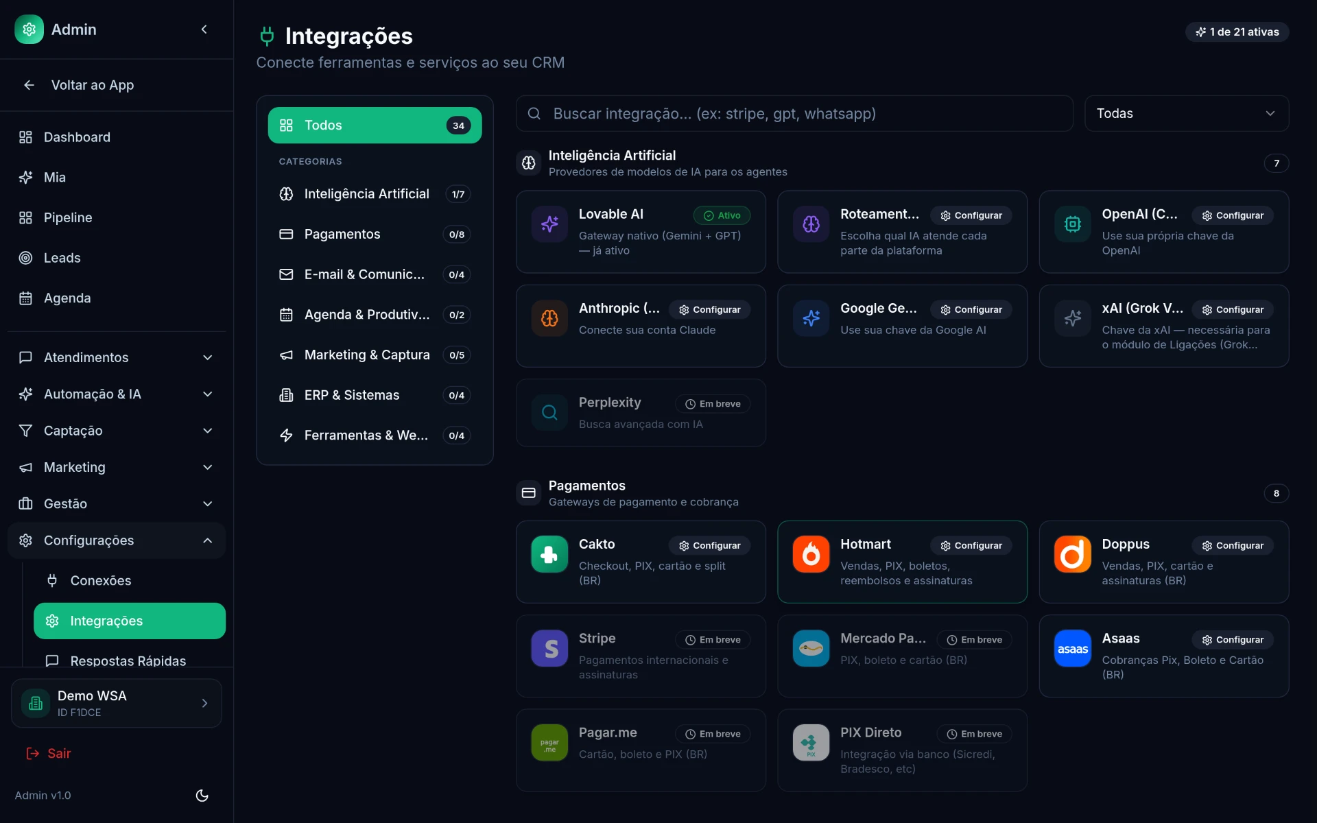 Tela de integrações do WSA CRM com provedores de IA, pagamentos e ferramentas conectadas