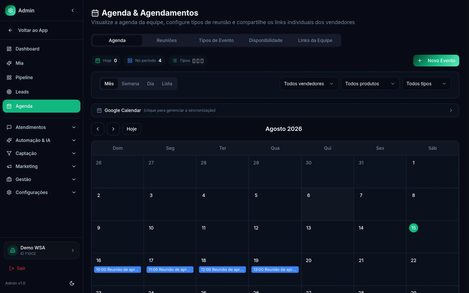 Agenda e agendamentos do WSA CRM com reuniões da equipe no calendário mensal